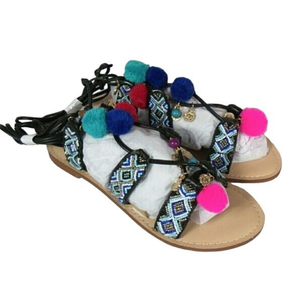 7.5 8.5 10 11 beaded lace-up pompom sandals - Picture 1 of 6